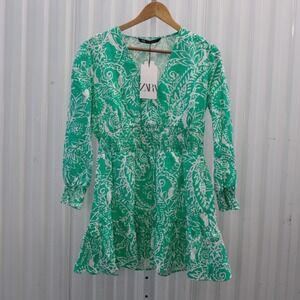 NWT ZARA Green White Paisley Print Lien Blend V Neck Long Sleeve Mini Dress Sz M